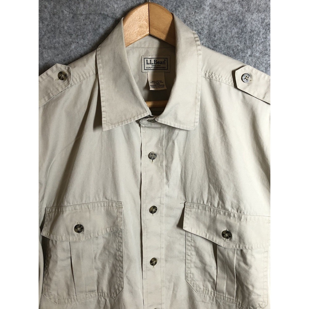 Vintage L.L. Bean Shirt Mens Large Tan Poplin Safari Bush Utility Cargo Surplus